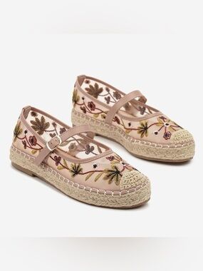 Women Mary Jane Espadrilles Embroidered Mesh Woven Outsole Ballet Flats 8 Pink